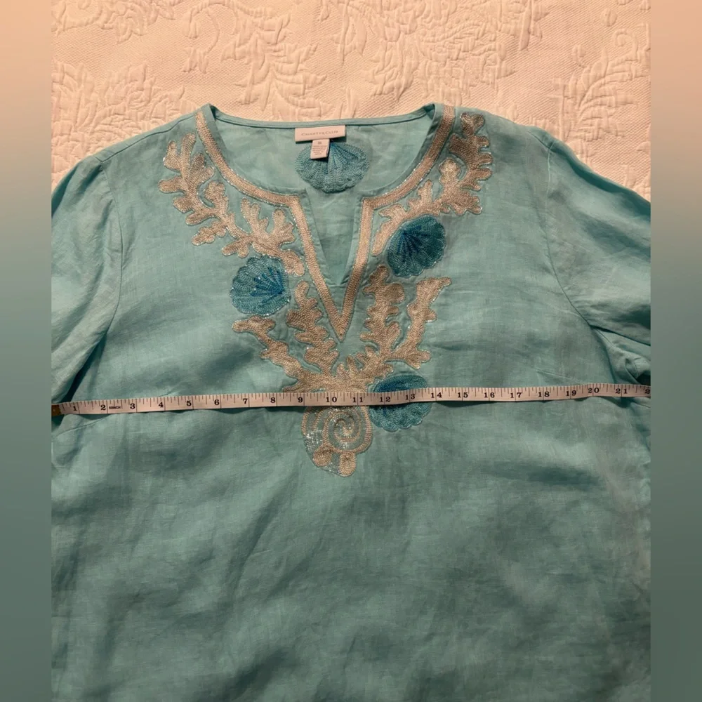 Aqua blue Charter Club 100% linen tunic with intricate nautical themed beads. - Picture 6 of 14
